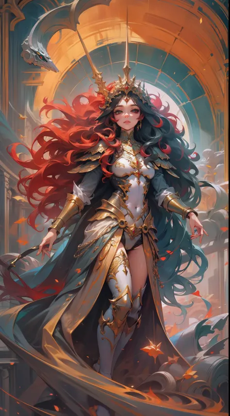 uma mulher sensual de corpo inteiro, wildly rainbow colored long curly hair, fantasia sombria, armadura de cor vermelha, Standing up, um fundo de masmorra medieval de fantasia escura