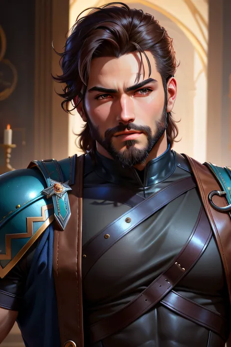 Realistic Photo, a close up of a man with a beard and a leather outfit, stanely artgerm, detailed character portrait, extremely detailed artgerm, fantasy male portrait, rossdraws 1. 0, character art closeup, rossdraws portrait, handsome prince of persia, s...