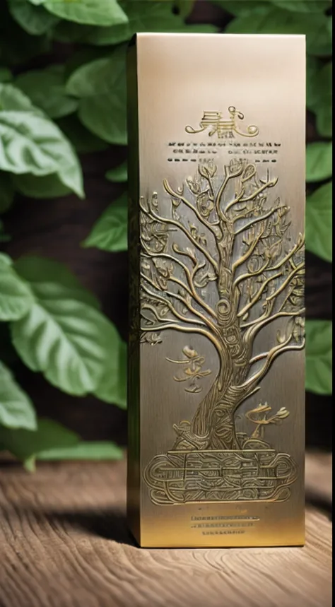 Tea packaging，Bronze Divine Tree，Samsung heap，The largest bronze divine tree in ancient China，stately，ren，Divine help，mighty，intricately details，Bronze background，The background has moire，The animal stripes flourish，strength，k hd