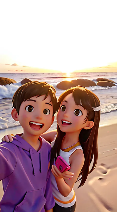 they are on the beach taking a selfie with their cell phone, at beach at sunset, with sunset, on the beach during sunset, at a beach, ruan jia and brom, at the beach on a sunset, at the beach, on the beach at sunset, in the beach, beach pic, during sunset,...