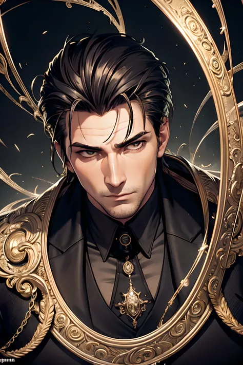 masterpiece, best quality, 1 male, adult, tall muscular, handsome, finely detailed eyes, intricate details, (style-swirlmagic:1.0), solo, upper body, detailed background, detailed face, (mafia theme:1.1), intricate outfit, black gloves, smug expression, or...