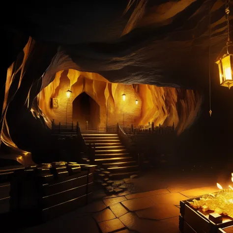 Cave full of gold bars stacked on place, construction lamps lighting the place, heavy wooden boxes around, realistic, gold shine, random cave