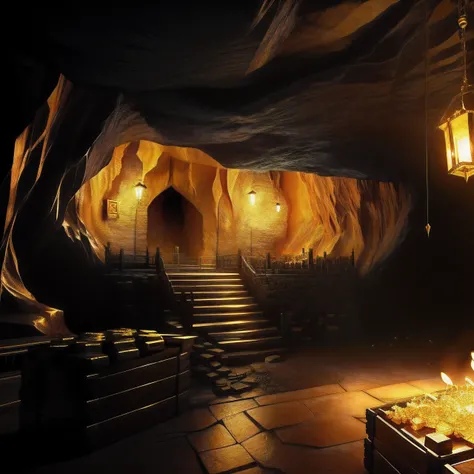 Cave full of gold bars stacked on place, construction lamps lighting the place, heavy wooden boxes around, realistic, gold shine, random cave