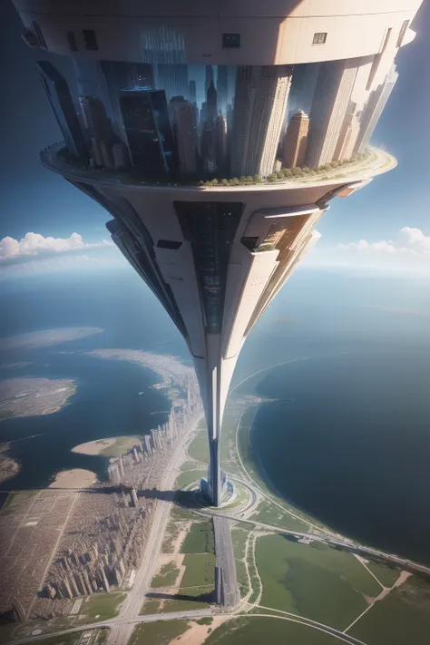 earth in 3250,city,new york, spaceship as car,highway,people hoverin in the air,tall ifel tower,from road view ,houses in multiple color,from ground point of view