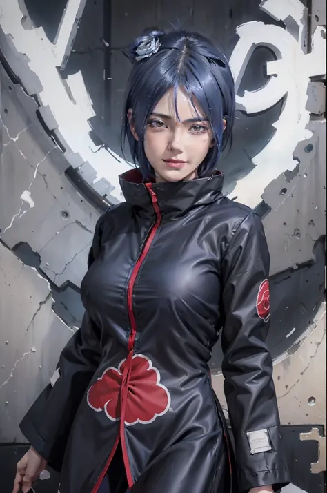 1girl, konan akatsuki in anime naruto, short hair, blue hair, black eyes, smile, beautiful, sexy dress, sexy clothes, black and red clothes, very big breast, realistic clothes, detail clothes, outdoor background, ultra detail, realistic