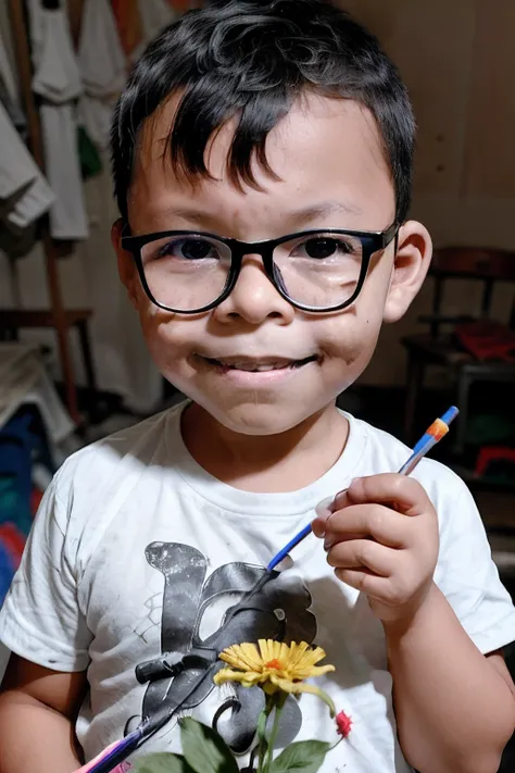 loeanerdinho1, Generate an extraordinarily realistic and detailed half-length portrait of a 3-year-old boy. He should be wearing glasses, dressed in casual clothing, and have a happy expression as he presents a flower to the viewer. The focus of the image ...