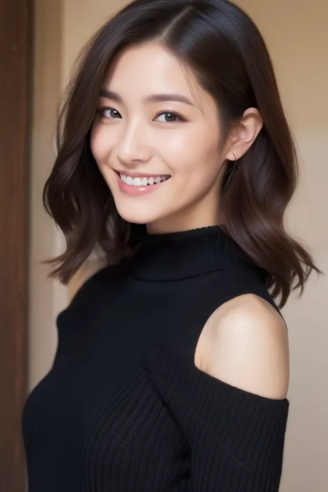 top-quality、off shoulders、 Black knitwear、a smile、Mirai_Aizawa、Brown hair