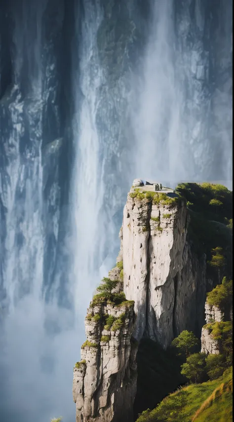 A whole large rock，Stone cliffs，cliffside，Whole stone，big rocks，Hyper Real，Cliff shore，scar，There are a little weeds on the stones，Fog surrounds，Cyan stone low saturation