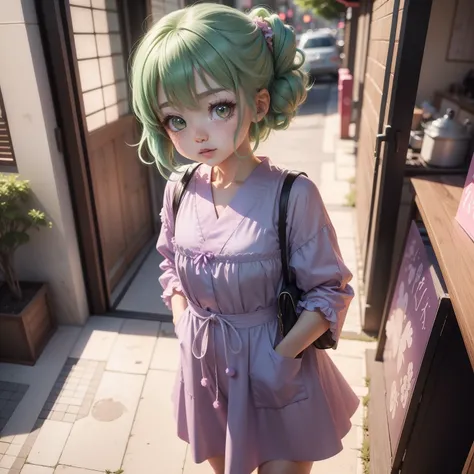 cute kawaii pastel girl ,anime, japanese anime, green, purple hair