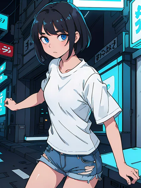 1girl, short black hair, blue eyes, wearing plain white shirt, denim shorts, Tokyo street, night, neon lights, ultra sharp, high res, masterpiece, looking at viewer