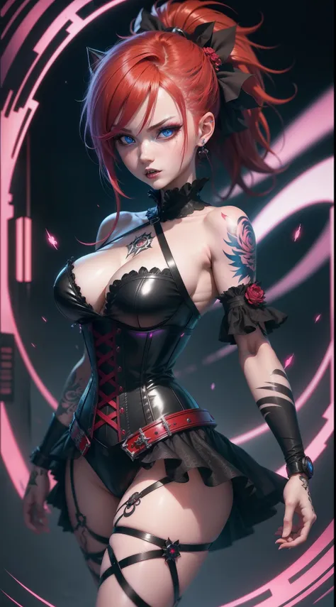 Photorealism, anime girl, vampire, with red hair, red and black corset, blue eyes, glowing, flowerpunk, samuraipunk, iridescent, bioluminescent, tattoopunk, hyper-detailed vibrant cinematic raking light, stunning, subsurface scattering, ambient occlusion, ...