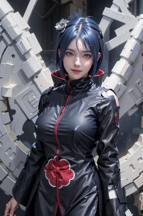 1girl, konan akatsuki in anime naruto, short hair, blue hair, black eyes, smile, beautiful, sexy dress, sexy clothes, black and red clothes, very big breast, realistic clothes, detail clothes, outdoor background, ultra detail, realistic