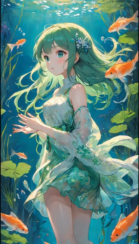 Girl on blue background，Green aquatic plants，Best Masterpiece，ultra intricately detailed，超高分辨率，fish flocks，White dress，float in the water，