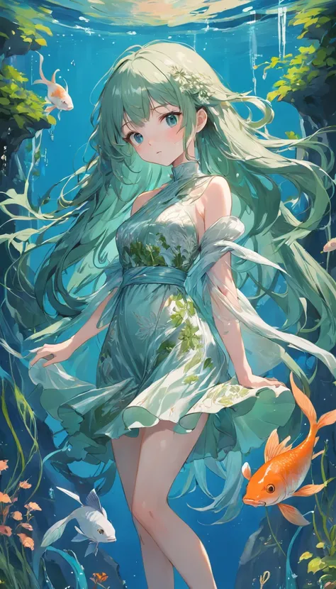 Girl on blue background，Green aquatic plants，Best Masterpiece，ultra intricately detailed，超高分辨率，fish flocks，White dress，float in the water，