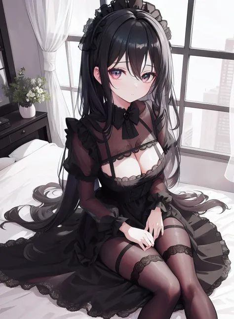 1girl, beautiful black dress, lolita style, lace, cleavage, in the room with a window, legs, from above