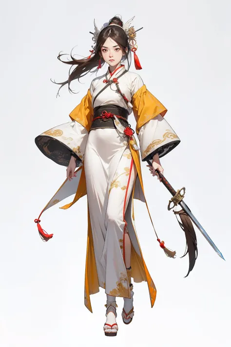 ((full body)) Best quality,head,original_outfit,hanfu,clear details,masterpiece, best_quality, clear details,1 girl,((white and yellow clothes)), no red color , blue accent color ,detailed skin texture,detailed cloth texture, beautiful detailed face, ultra...