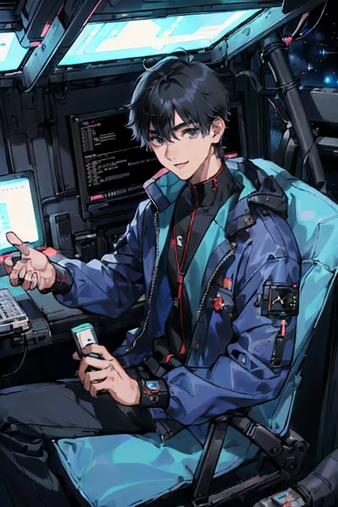 (AS-Young:1.7), (1boy:1.8), (Male Focus:1.2), (Cute:1.7) Solo, Solo Focus, masutepiece, ((Exquisite_detail)), Illustration, (Handsome), extremely_Detailed_nffsw, Black hair, Black eyes, Looking at Viewer, Sitting down, Cyberpunk Boy, scifi, Blue Overall, O...