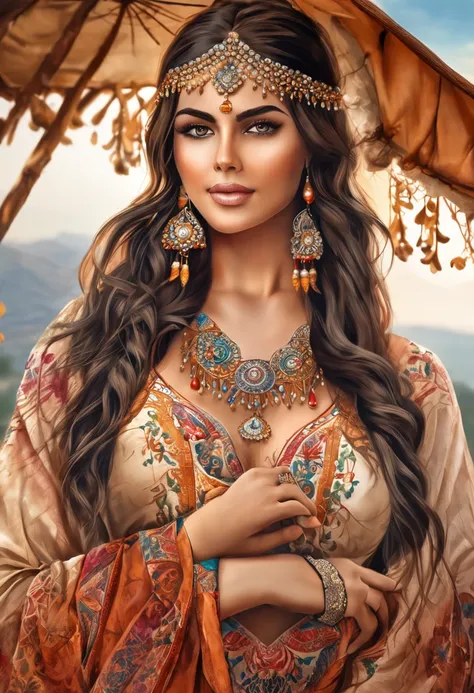 real picture of most beautiful attractive gypsy model wearing silk lace outfit robe, flaunting her perfect huge cleavage and showing her shapely legs, stunning,  energy, molecular, textures, breathtaking beauty, pure perfection, unforgettable, impressive, ...