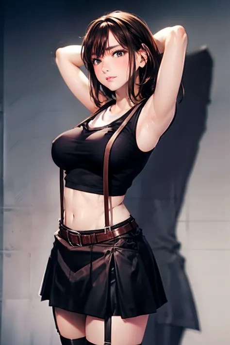 Black skirt, Tank Tops　suspenders, Brown hair Gray eyes, Garter belt on the legs, Tight clothes, 　　 a belt　Armpit sweat　　deadpan　large full breasts　short-cut