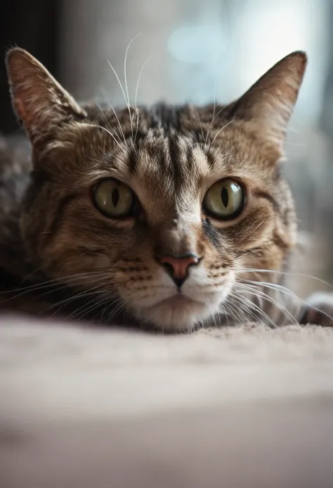 RAW photo, a close up portrait of a cat, the cat cought mouse