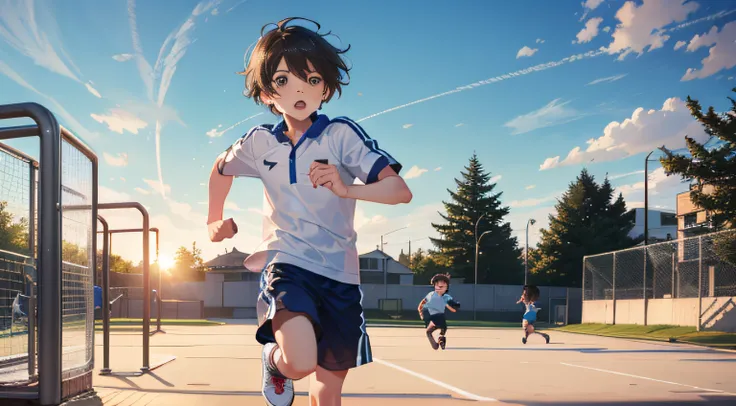 A 6-year-old boy runs on the playground，Shota，undershirt，Sweat profusely，blue short pants，Messy bangs，Shota，athletic sneakers。and the sun was shining brightly，quadratic element，A high resolution，Best Masterpiece，Be red in the face，mid day