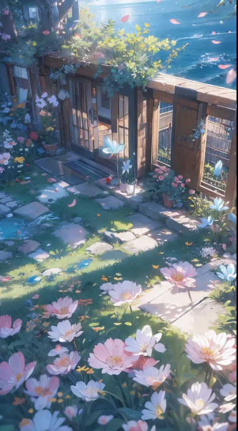 Masterpiece, best quality, (very detailed CG unity 8k wallpaper) (best quality), (best illustration), (best shadows) Nature&#39, blue sea,delicate leaves petals of various colors falling in the air light Tracking, super detailed