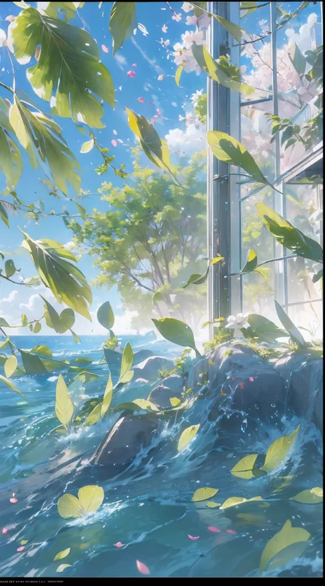 Masterpiece, best quality, (very detailed CG unity 8k wallpaper) (best quality), (best illustration), (best shadows) Nature&#39, blue sea,delicate leaves petals of various colors falling in the air light Tracking, super detailed