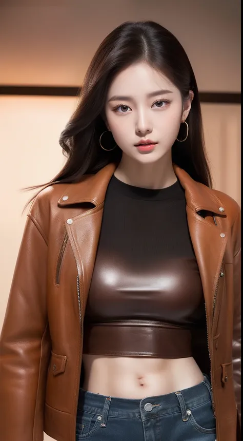 realistic photos of 1 cute Korean star, straight hair , white skin, thin makeup, 32 inch breasts size, wearing brown leather jacket crop top, in the bar, upper body portrait, motion lines, UHD