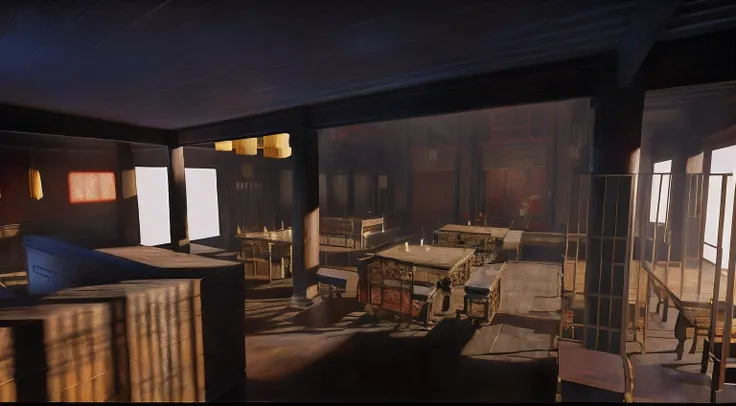 Chinese interior，antiquarian，dining room，inn，swordsmen，cinematic ligh，film，Vivid shadow lighting，Eight Immortals Table，bench，Shaanxi style，screen，Chinese wooden pillars，wooden railings，Liquor counter，Wooden bar，pub，Hotel tea house，orient，akira kurosawa