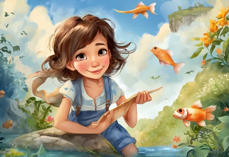 movie picture quality，Disney animation，Disney animated films，Little girl sitting on giant koi flying in the sky，Thick clouds，Short hair and small braids，Denim suspenders，The barefoot，depth of fields，high light，Real light，Ray traching，oc rendered，Hyper-real...