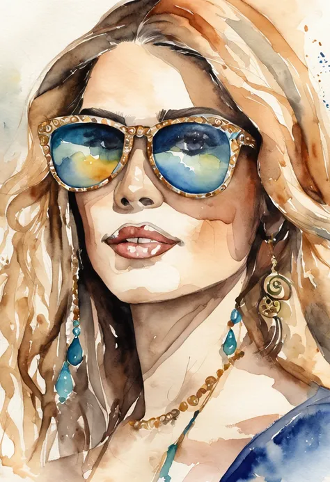 woman with long hair wearing sunglasses and a black top, carola rubio, fernanda suarez, wearing versace sunglasses, malika favre, inspired by Maria Helena Vieira da Silva, in water color, hdr, detail, engrave, in wood