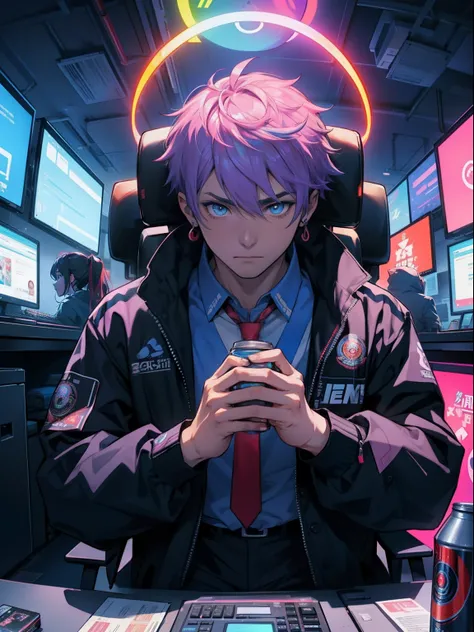 8ｋ、high-level image quality、One Man、systems engineer、overtime、Energy drinks、Energy drinks、Neon Street、TOKYOcty、s Office、personal computers、keyboard、Cable Cyberpunk、Vivid Color、Shadows are vivid colors、Clear wording、Clear eyes and nose、salaryman、officeworke...