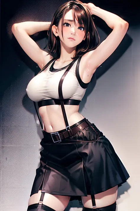 Black skirt, Tank Tops　suspenders, Brown hair Gray eyes, Garter belt on the legs, Tight clothes, 　　 a belt　Armpit sweat　　deadpan　large full breasts　short-cut