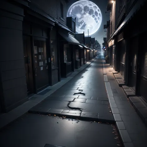 Full moon above，Dark blue black background，Down fall，the street，Shops are closed