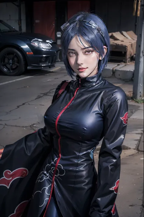 1girl, konan akatsuki in anime naruto, short hair, blue hair, black eyes, smile, beautiful, sexy dress, sexy clothes, black and red clothes, very big breast, realistic clothes, detail clothes, outdoor background, ultra detail, realistic