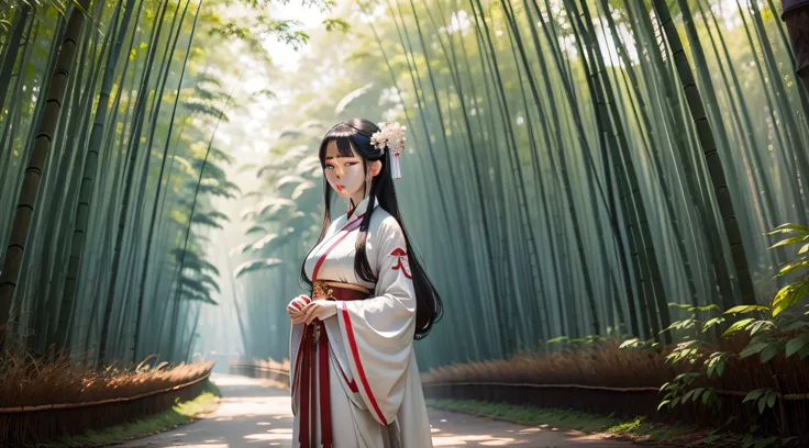 bamboo forrest，White Hanfu woman，Coiled hair