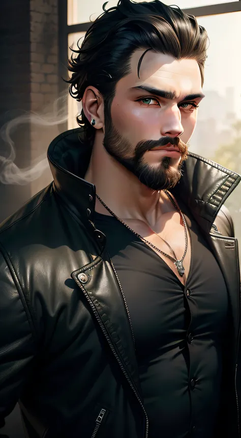 create a gorgeous man with green eyes, big black cebelo hairstyle, short beard, handsome face, with black jacket, rocker style