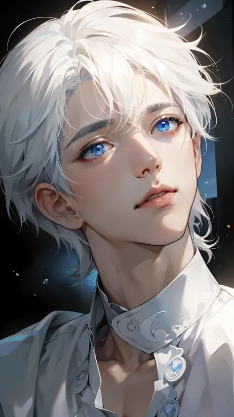 1 boy, close-up, blue eyes, white hair, white skin, anime, handsome, classic, white shirt