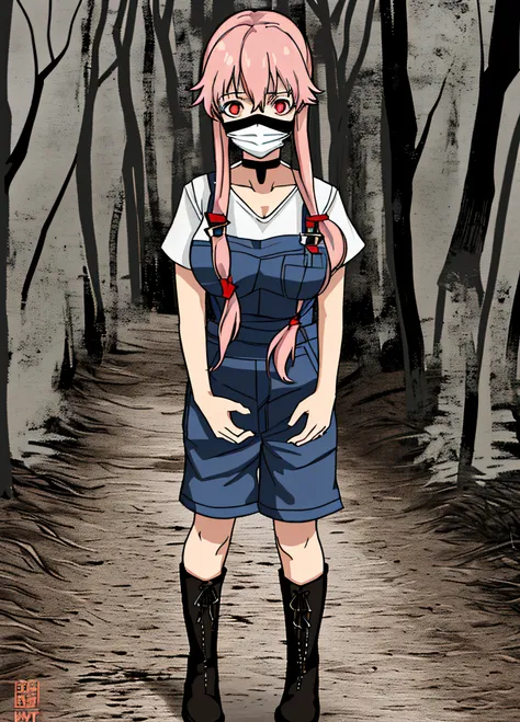 a woman with large breast in a woods, 1girl, breasts , , , pink hair, large breasts, twintails, long hair, solo focus, mirai nikki, black choker, dark grey overalls, leather gloves, black boots, ((face mask)), red eyes, chasing you through the woods, ((nig...