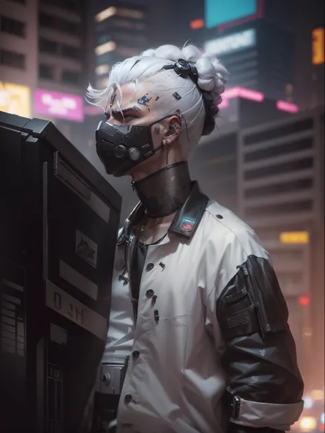 Man with a mohawk and long hair,white hair arte do personagem cyberpunk, estilo cyberpunk hiper-realista, pintura digital cyberpunk, estilo cyberpunk ， hiper-realista, cyberpunk themed art, cara cyberpunk, advanced digital cyberpunk art, estilo de arte cyb...