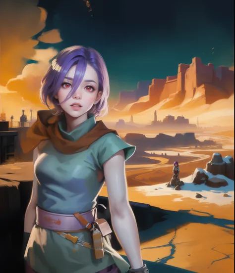 (tmasterpiece),The Official Art of Paints, splatter,Realistic desert sky ), ((Custom-made iron)), ((The girl is beautiful)), (((red-eyes))), ((purple short hair))  , (Successful pose) ,(((Wastelands and canyons in the background)))