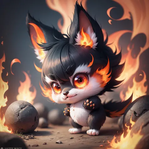 Cute little monster, Cute, Furry, Small size, 8K animation　Engulfed in flames　Deities々　Facing straight ahead　White Nine-Tailed