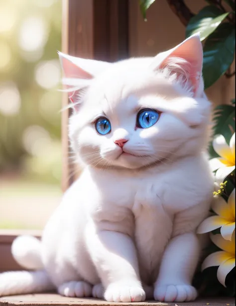 masutepiece, fluffy white ragdoll kitten sitting next to plumeria flowers, hyper detailed, highres photograph, opulent, bokeh, l...