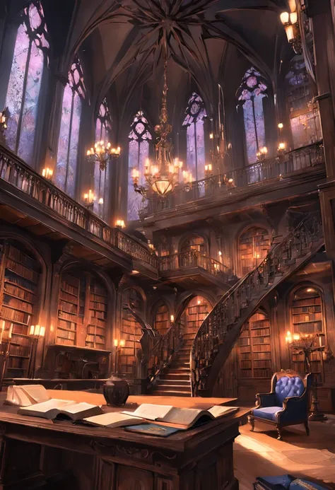 （tmasterpiece）， （best qualtiy），outstanding，European style building interior library background, gothic library, Inside the castle library, Magic Library, In the gorgeous library, There are European-style lamps on both sides，There are handheld stairs on the...