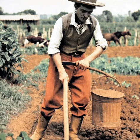 There is a young man with a hat and cane in a field, photo from the 1850s of a farmer, jardinagem, agricultor, Agricultor Japanesse, using a spade, colorido 1 9 0 4 foto, Album art, colorido, cavalheiro, agricultor alto, fotografia colorida, colorido, hist...