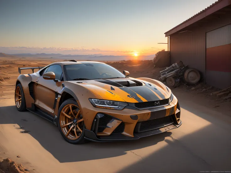 wide shot, hyper realistic photo concept style car, ( mech exoskeleton ), sunset, oil, sweat, dirt, ripped, post-apocalyptic, 64k, masterpiece, raw look