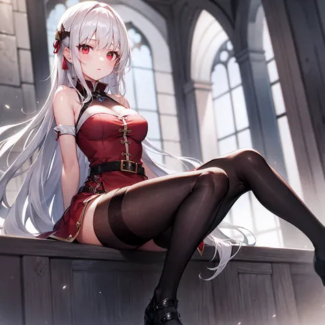 white  hair、red eyes、Beautiful girl alone、Fluffy clothes、off shoulders、Western-style castle、Black tights、sitting on