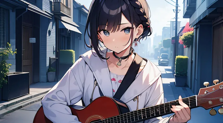 masutepiece, Best Quality,Illustration, Wallpaper, Ultra Detail, absurderes, 1girl in, Solo, (Medium short hair、short braided hair), Beautiful detailed eyes, stele、nighttime scene、Own room ,Im turning around. , (Street:1.5), dressing gown、Playing guitar、ac...