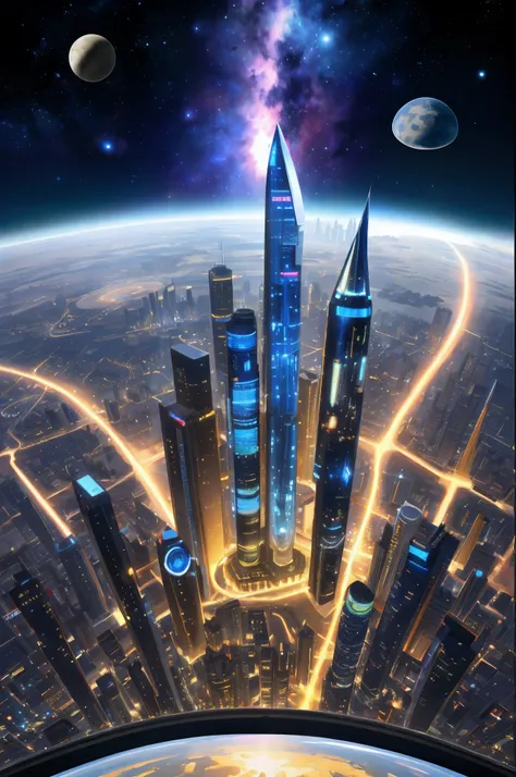 ciudad futurista con vista a la tierra y los planetas, fantasy sci-fi city, futuristic metropolis, ciudad hermosa futurista, fut...