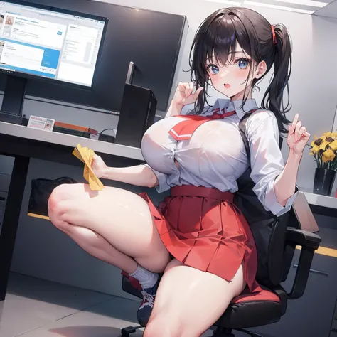 Company office, office worker, big breasted cheerleader, cheering.